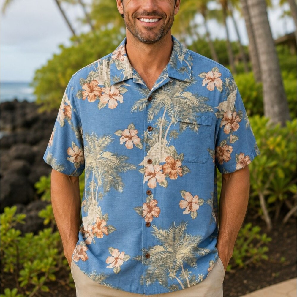 Jamaica Jaxx 100% Silk Hawaiian Aloha Camp Shirt Blue Floral Palm Trees XL